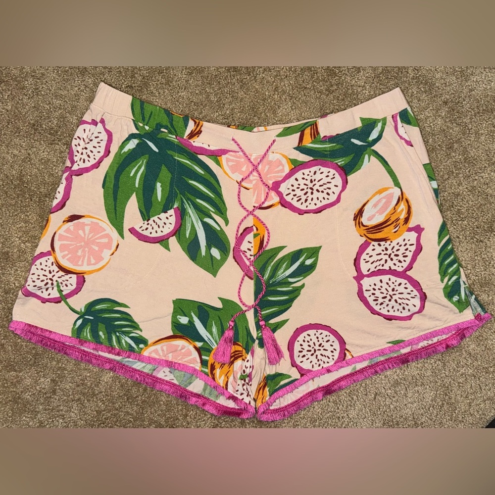 Soma Tropical Fruit Print PJ Shorts With Glossy Pink Fringe Accents(Has Pockets)